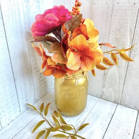 Handmade Gold Mason Jar Vase w/ Faux Rose Hydrangea Floral & Leaf Ribbon - Picture 1 of 1